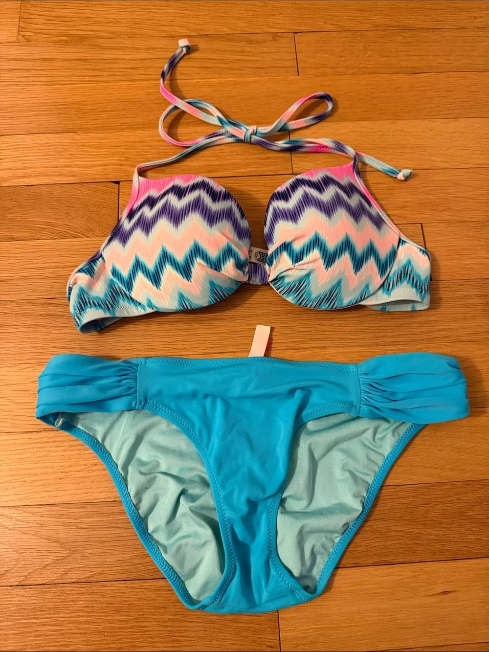 PINK Victoria's Secret Bright Turquoise Bikini Bottoms and Chevron Print top